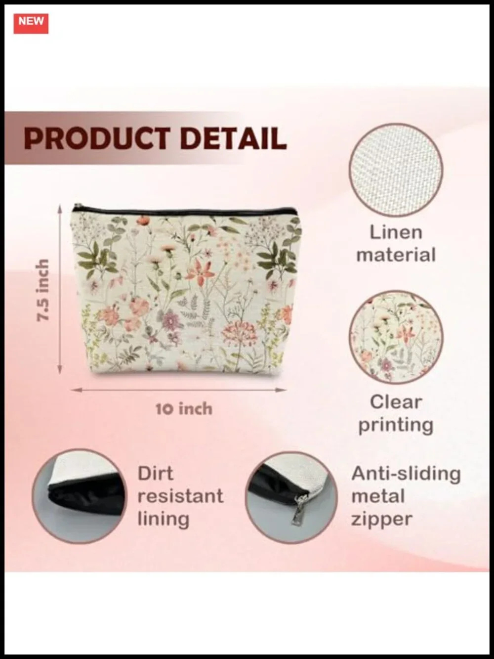 Linen Cosmetic Bag with Zipper, Small Makeup Pouch for Purse, Waterproof